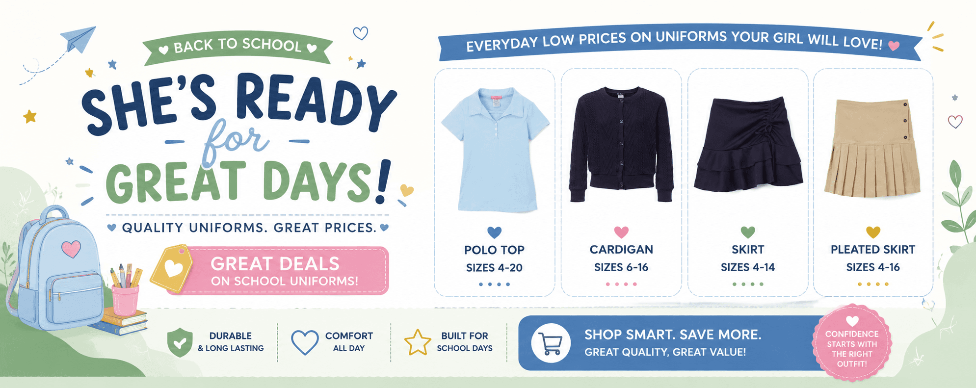 She's ready for great days! Quality school uniforms at great prices — polo tops, cardigans, skirts and pleated skirts.